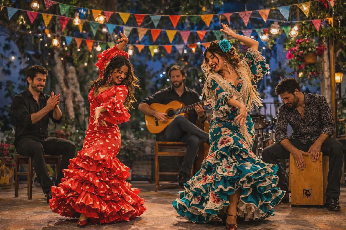 Bailaoras y músicos flamencos actuando en una celebración al aire libre