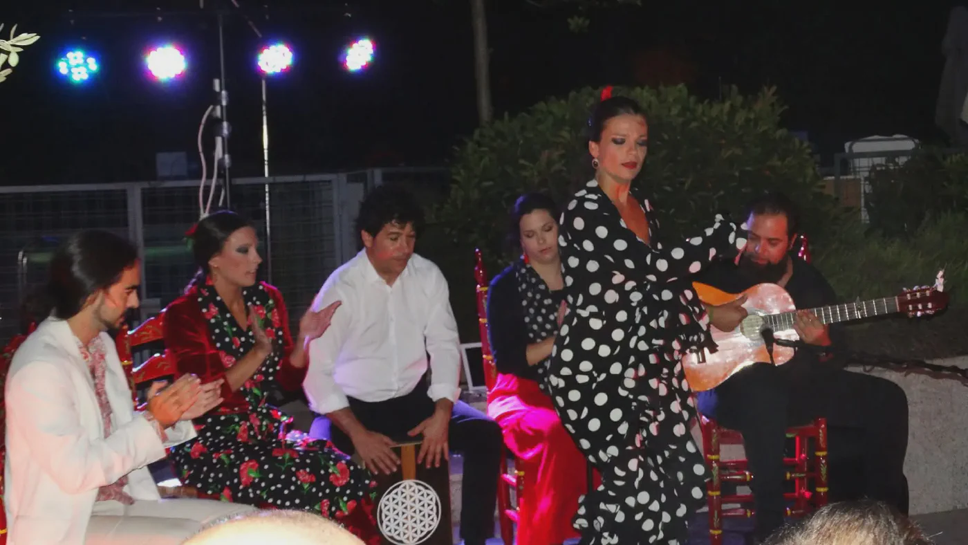 Grupo de tablao flamenco actuando de noche al aire libre con bailaora, guitarrista, cantaor y palmeros en evento privado