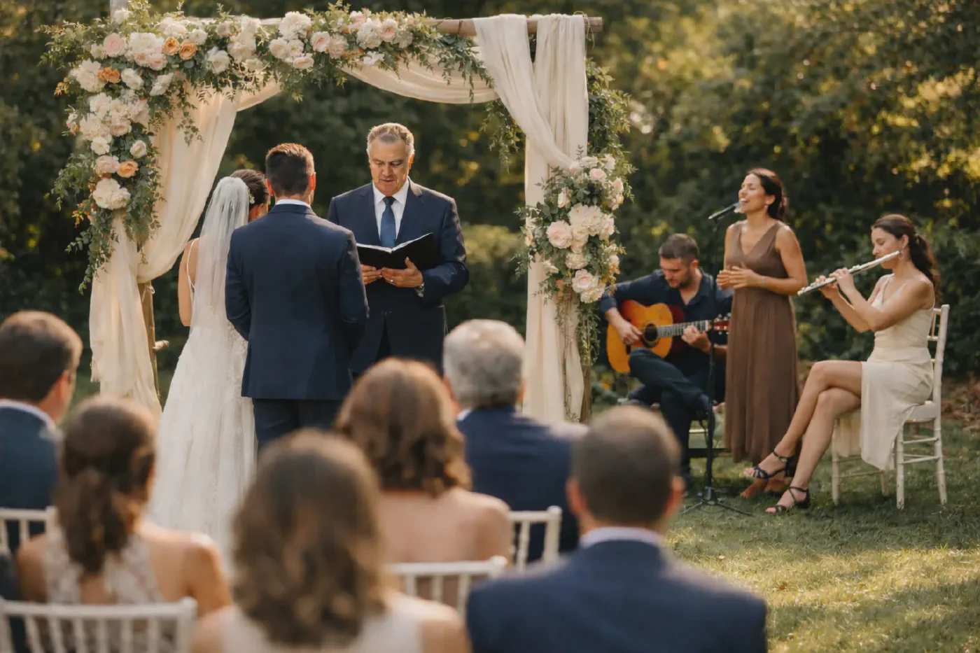 Flamenco musicians at an outdoor wedding ceremony with the couple under a floral arch